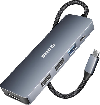 USB C Hub 5-in-1 with 4K HDMI(Certified), 100W Power Delivery, 3 USB-A, Silicone Cable, Aluminum Case Compatible with
