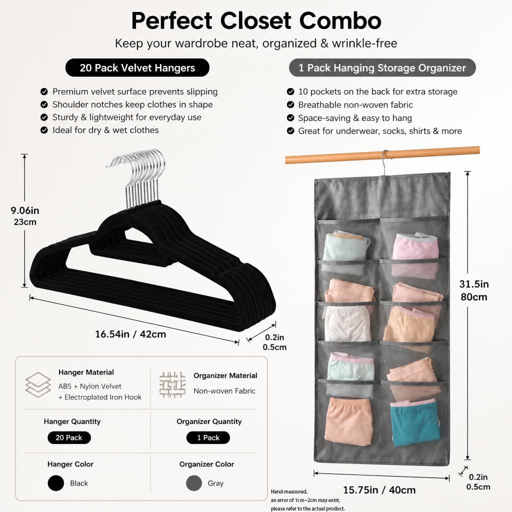 Velvet Hangers 20 Pack with Hanging Closet Organizer, Slim Black Non Slip Space Saving Clothes Hanger + Gray 15
