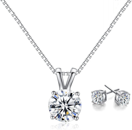 Dainty Solitaire Necklaces Stud Earrings Set For Women,White Gold Plated Simple Prom Jewelry Set Cubic Zirconia