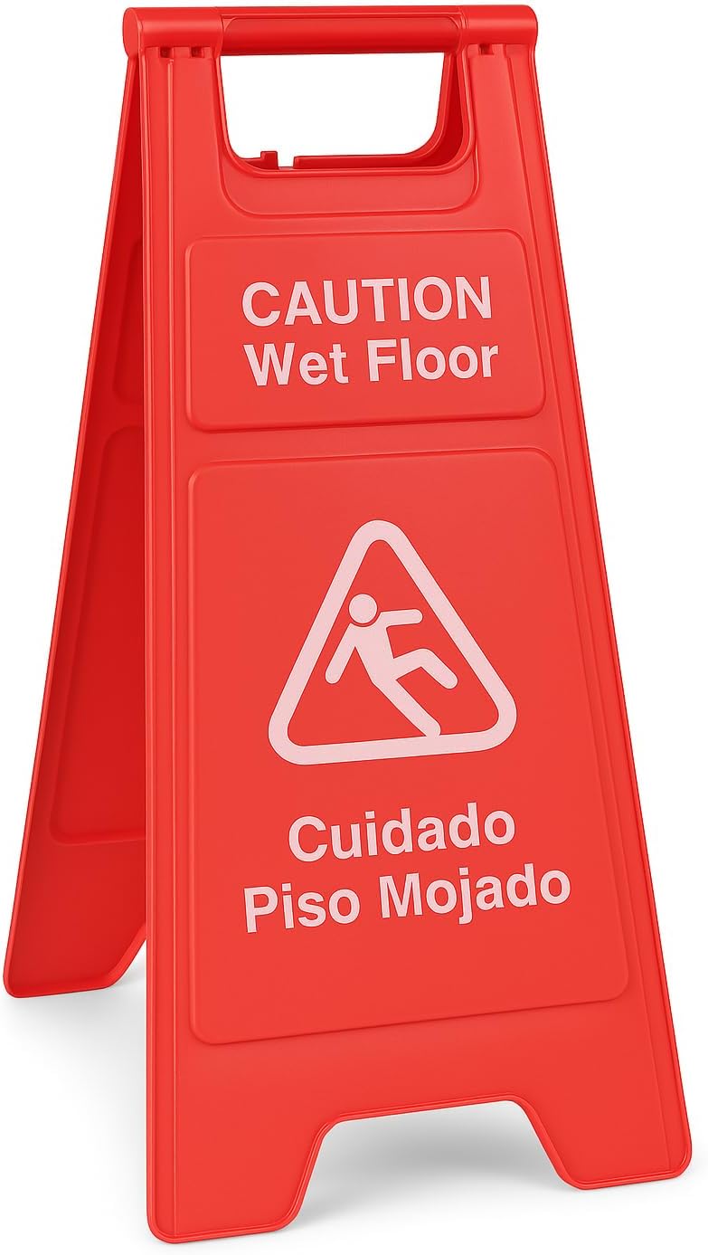 Wet Floor Sign, A-Frame, 25 Inches, Red, Bilingual, Foldable