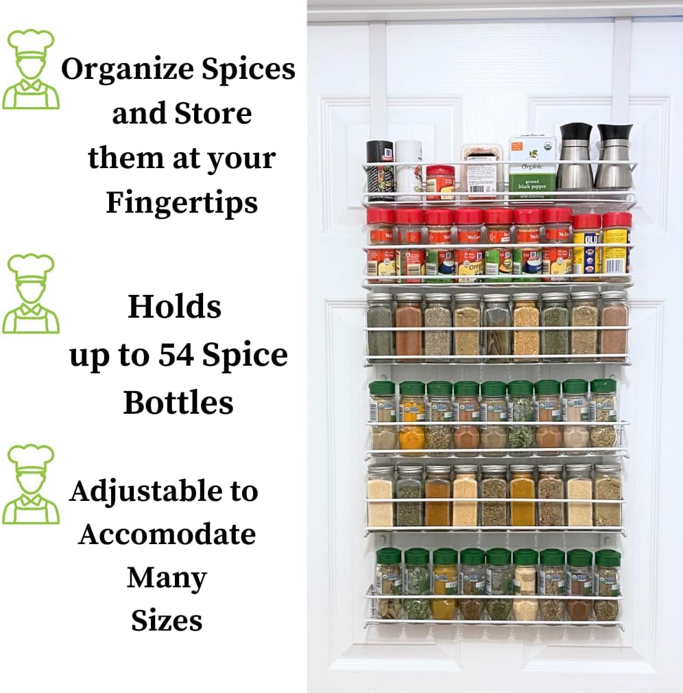 Over the Door Pantry Spice Rack Organizer -6 Tier -Holds up to 54 Spices- Adjustable Metal Baskets for Kitchen