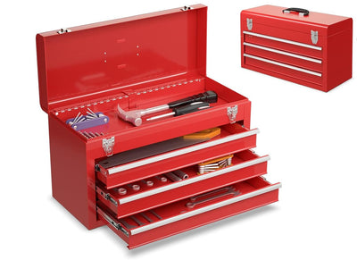 Tool Box, Portable 20” Tool Boxes with 3 Drawers, Top Tool Tray, Metal Lock Latch, Protective Liner, Auto Locking