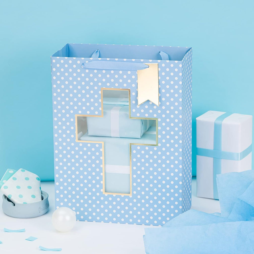 Blue Gift Bag with Cross Design, Tissue Paper for Baby Boy Baptisms, Christenings, First Communions Religious