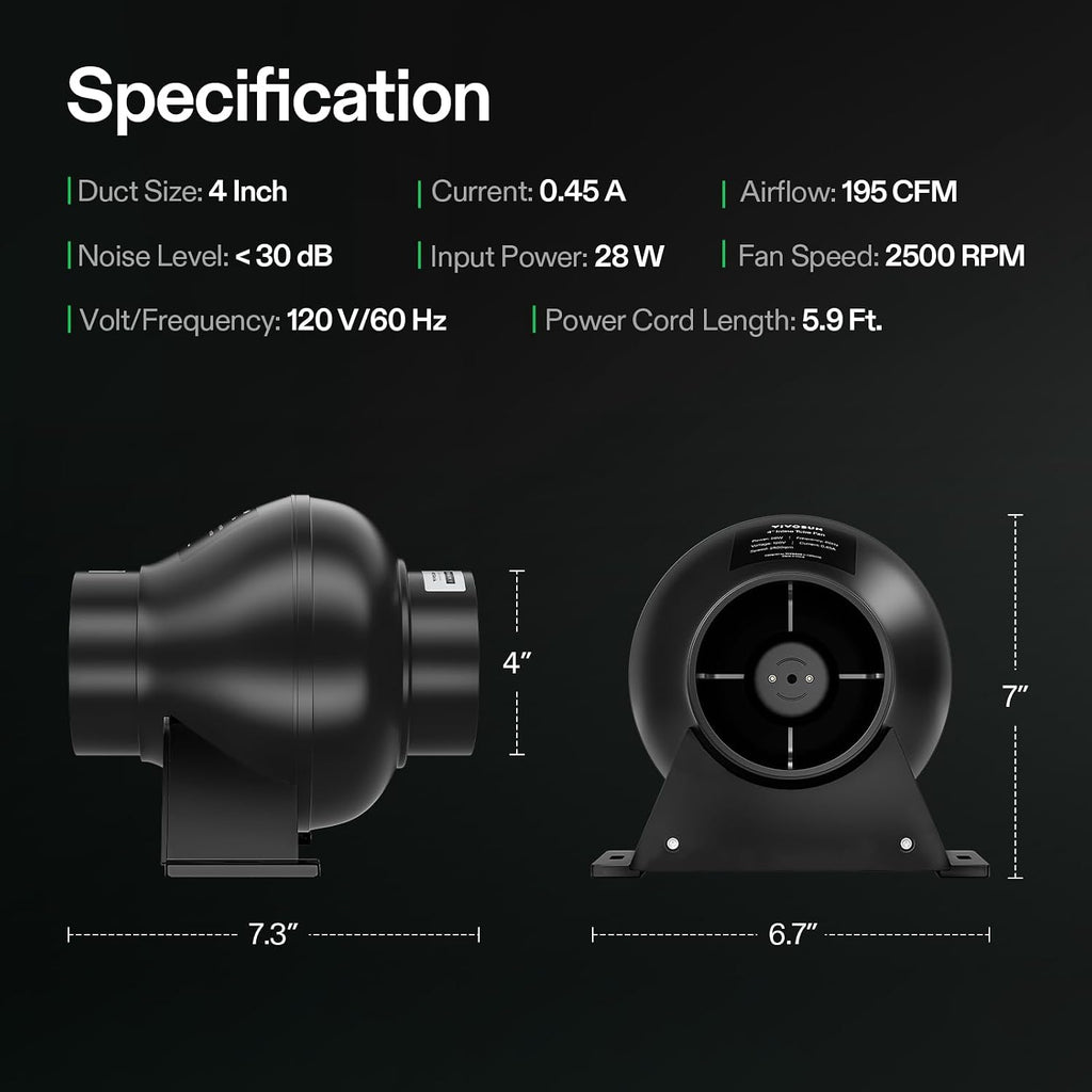 VIVOSUN D4 4" AC Motor Inline Fan, 195 CFM for Ventilation