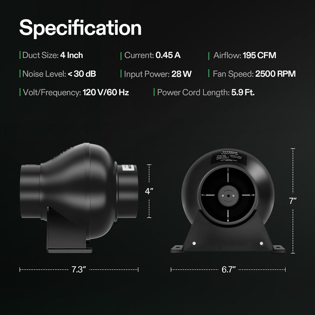 VIVOSUN D4 4" AC Motor Inline Fan, 195 CFM for Ventilation