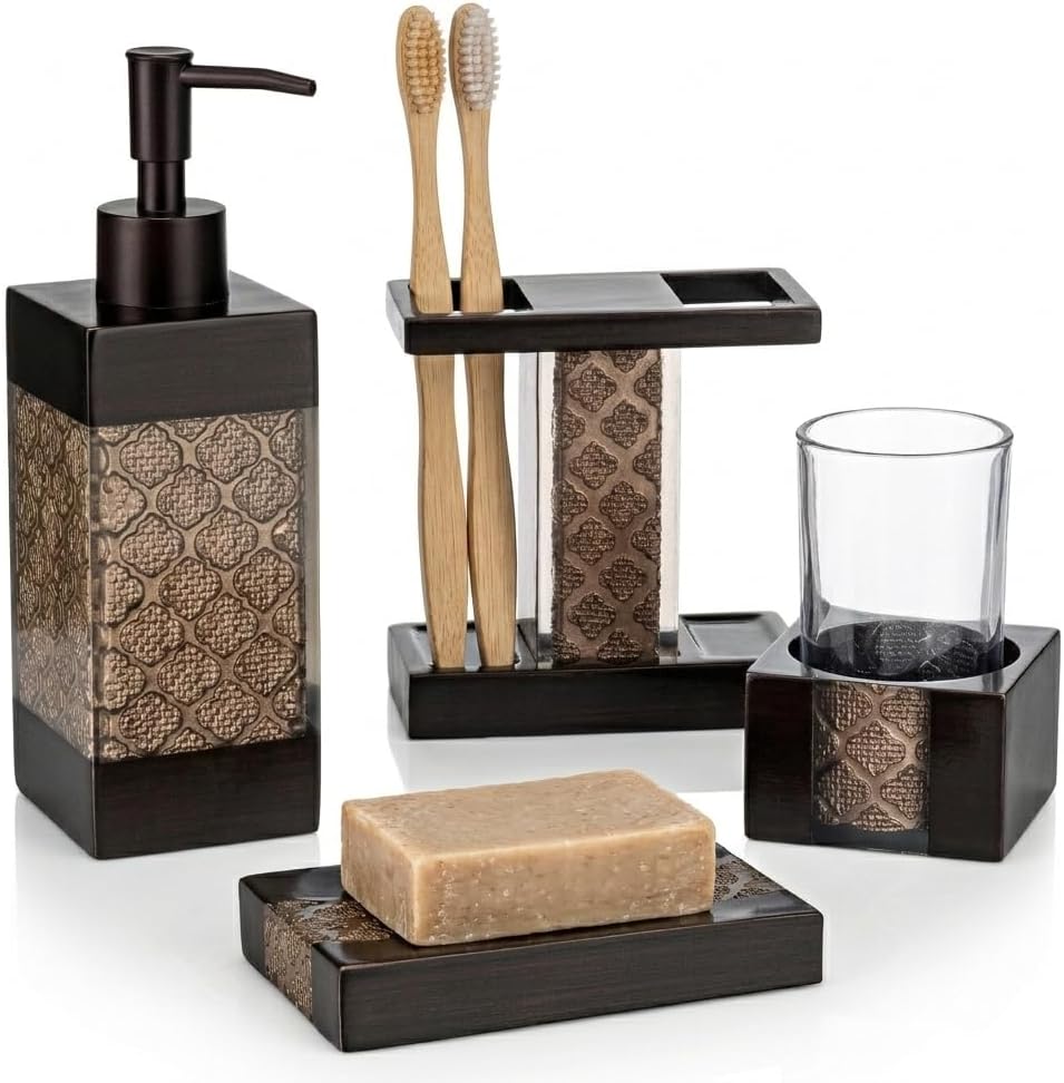 Dahlia Brown 4 Piece Bathroom Accessories Set | Includes Soap Dispenser, Toothbrush Holder, Tumbler Cup & Soap Dish
