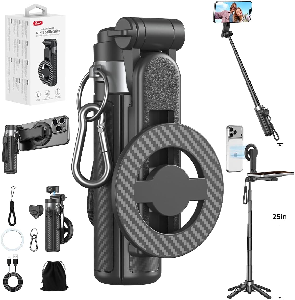 Upgrated 5-in-1 Magnetic Selfie Stick with Remote for Cell Phone 360° Rotation.Can Transforms into Mini Tripod/Camera