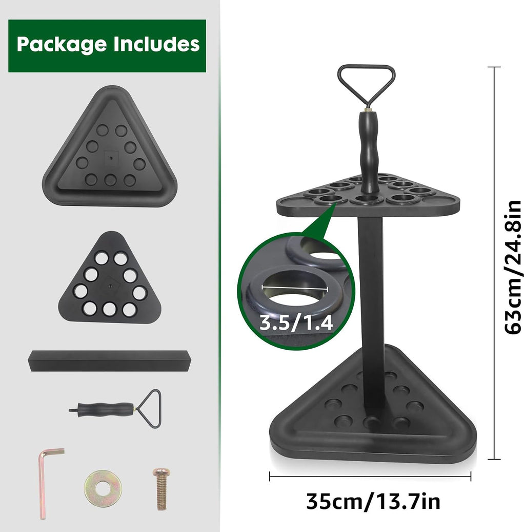Pool Cue Rack Floor Stand | Wood Billiard Stick Holder & Game Room Organizer | Holds 9 Cues, Full Ball Set &