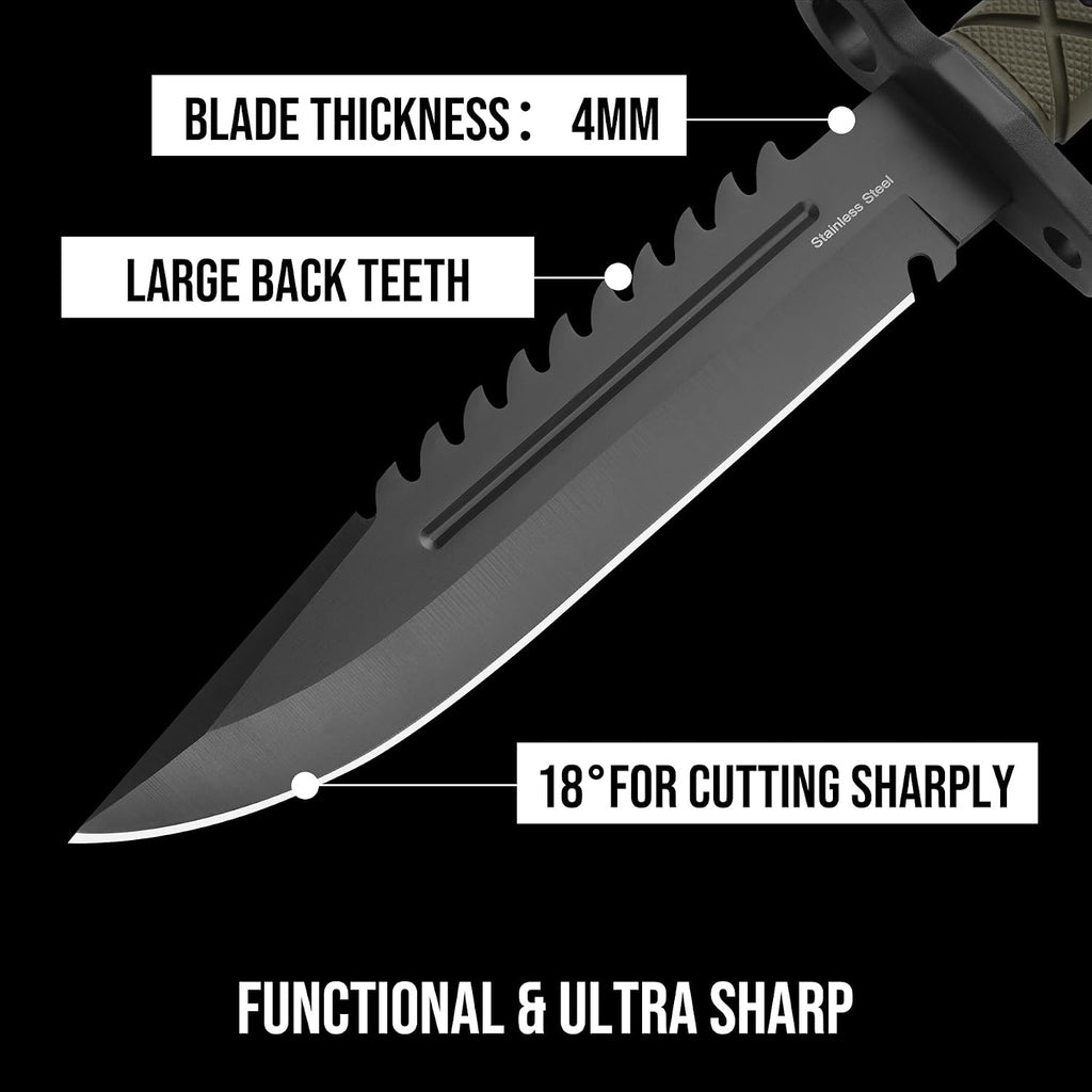 15" Fixed Blade Tactical Knives with Sheath, Stainless Steel Survival Hunting Bushcraft Full Tang Non-Slip Handle