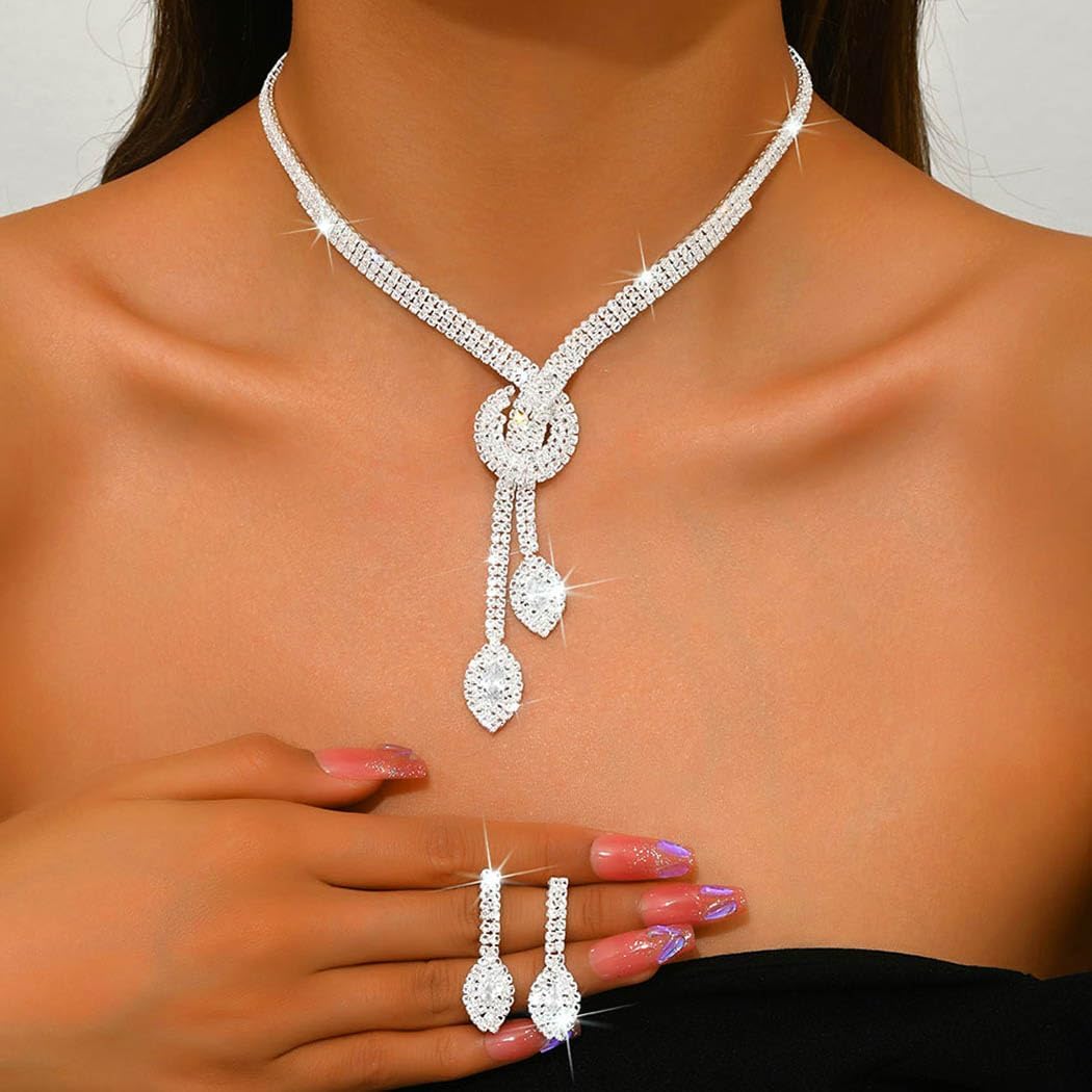 Silver Rhinestone Bridal Wedding Jewelry Set Crystal Necklace Earrings Sets Formal Prom Costume Jewelry Sets for