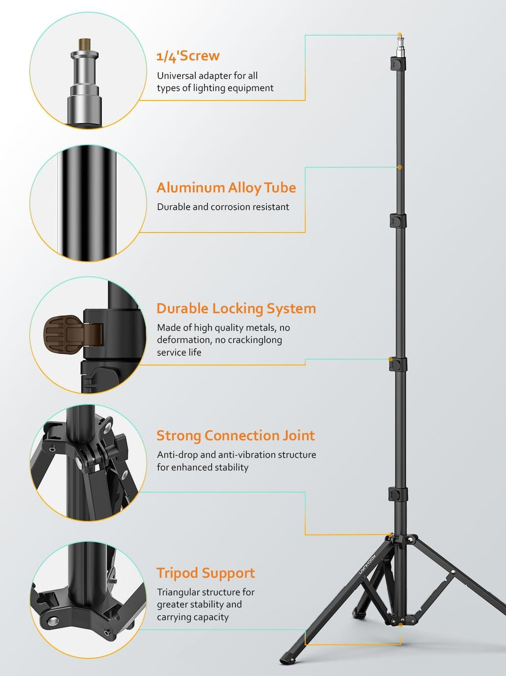 1.7M Complete Camera Tripod for Smartphones Camera Gimbal Stabilizers w/ 0.44m ~1.7m Aluminum Alloy Lighting Stand(T20)
