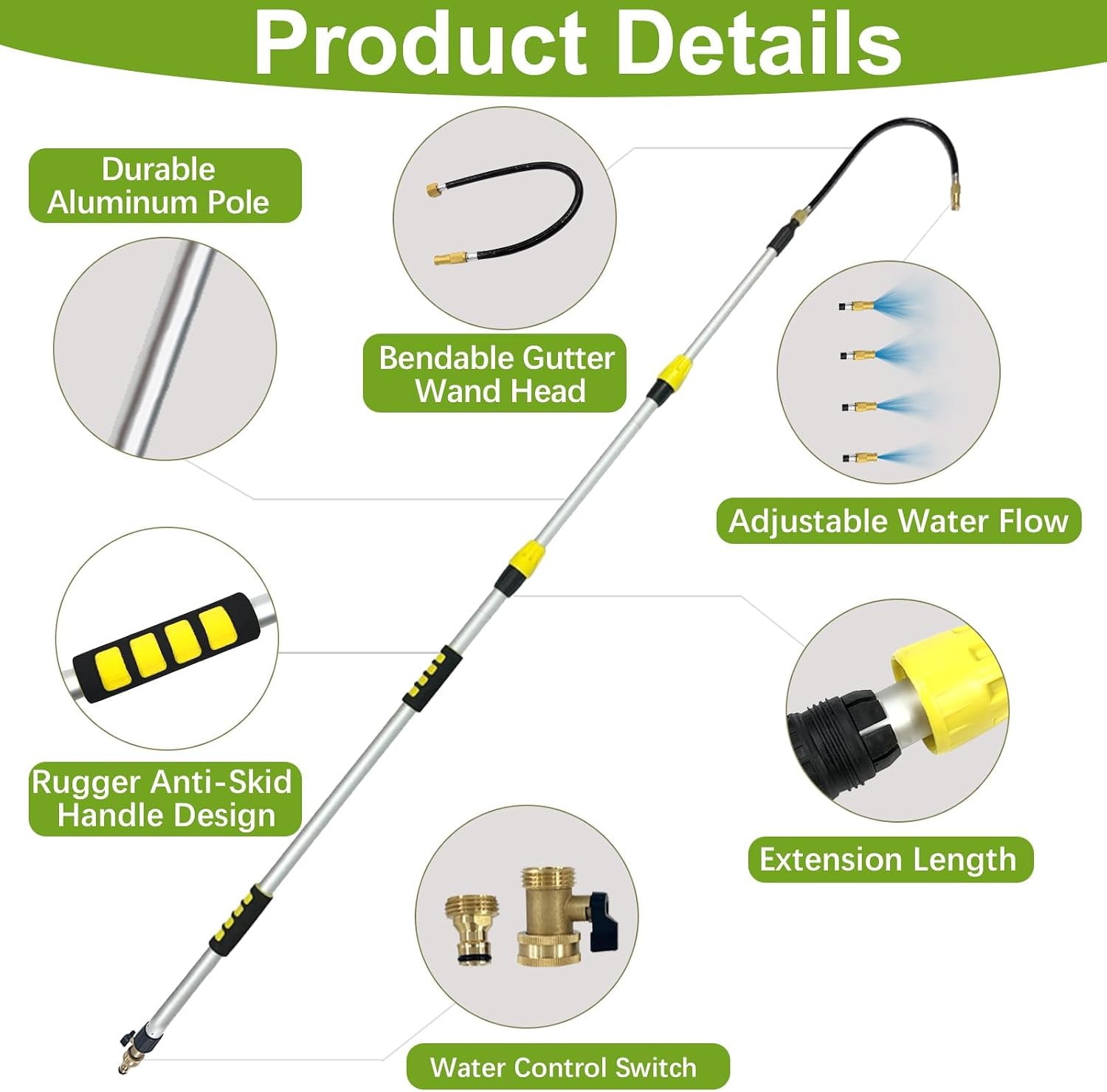 18FT Reach Telescopic Gutter Cleaning Tools from the Ground, Long Reach Gutter Cleaner Wand with Hose Attachment