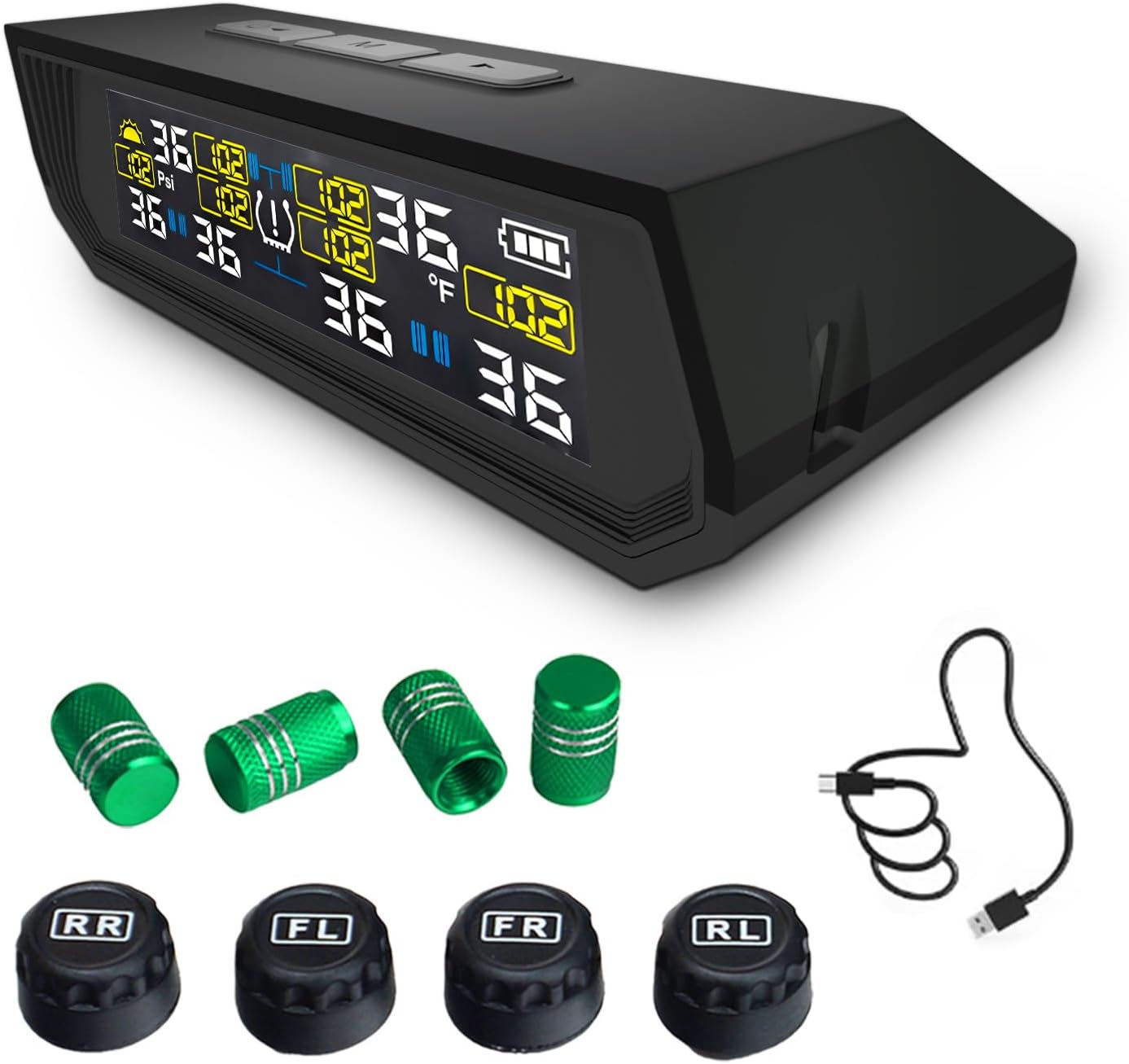 Tire Pressure Monitoring System TPMS, Solar Charge Tire Pressure Monitor with 4 External Sensors & 6 Alarm Modes