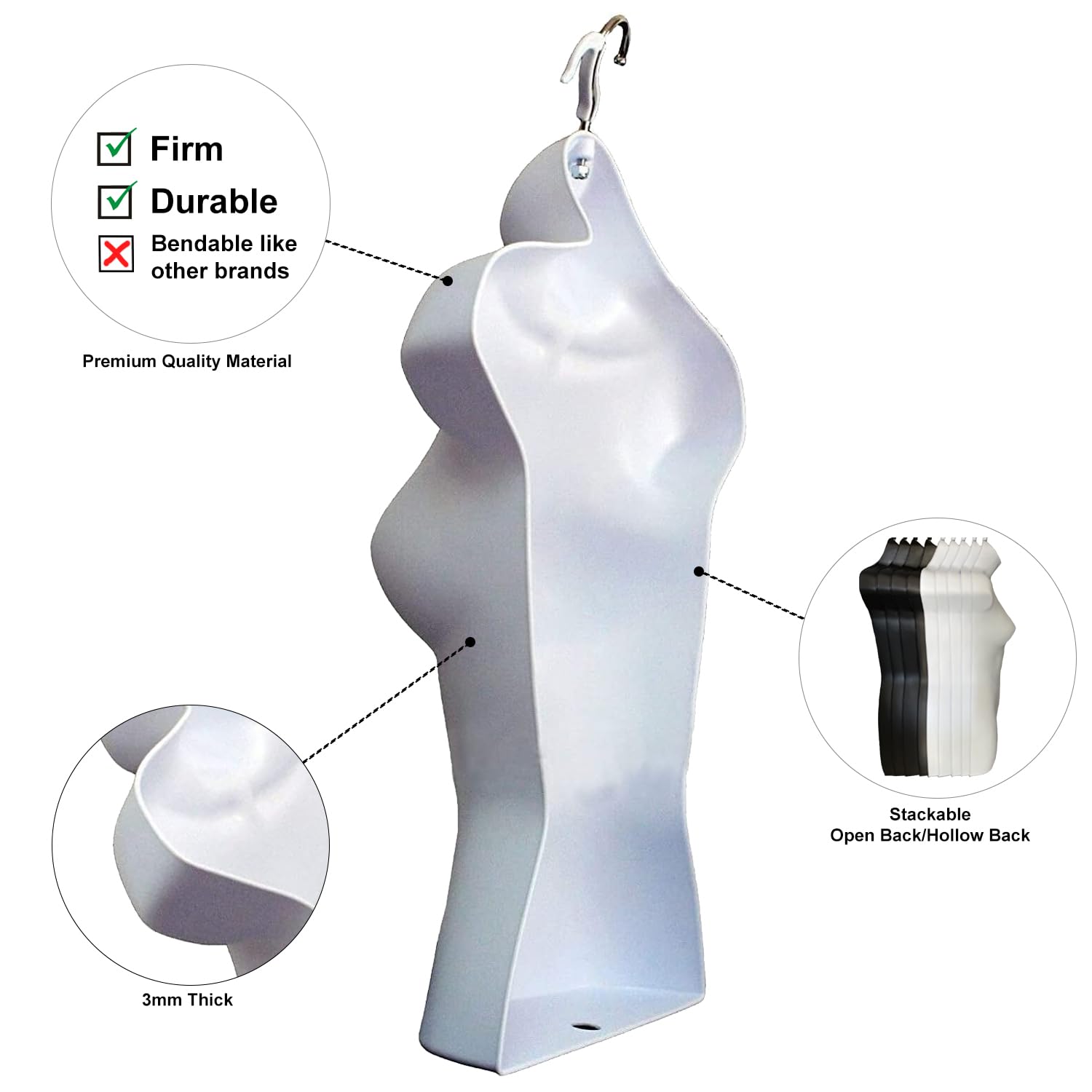 Female Mannequin Torso Hollow Back Body Stackable Dress Form with Hanging Hooks for Tshirt Display, Countertop, Craft