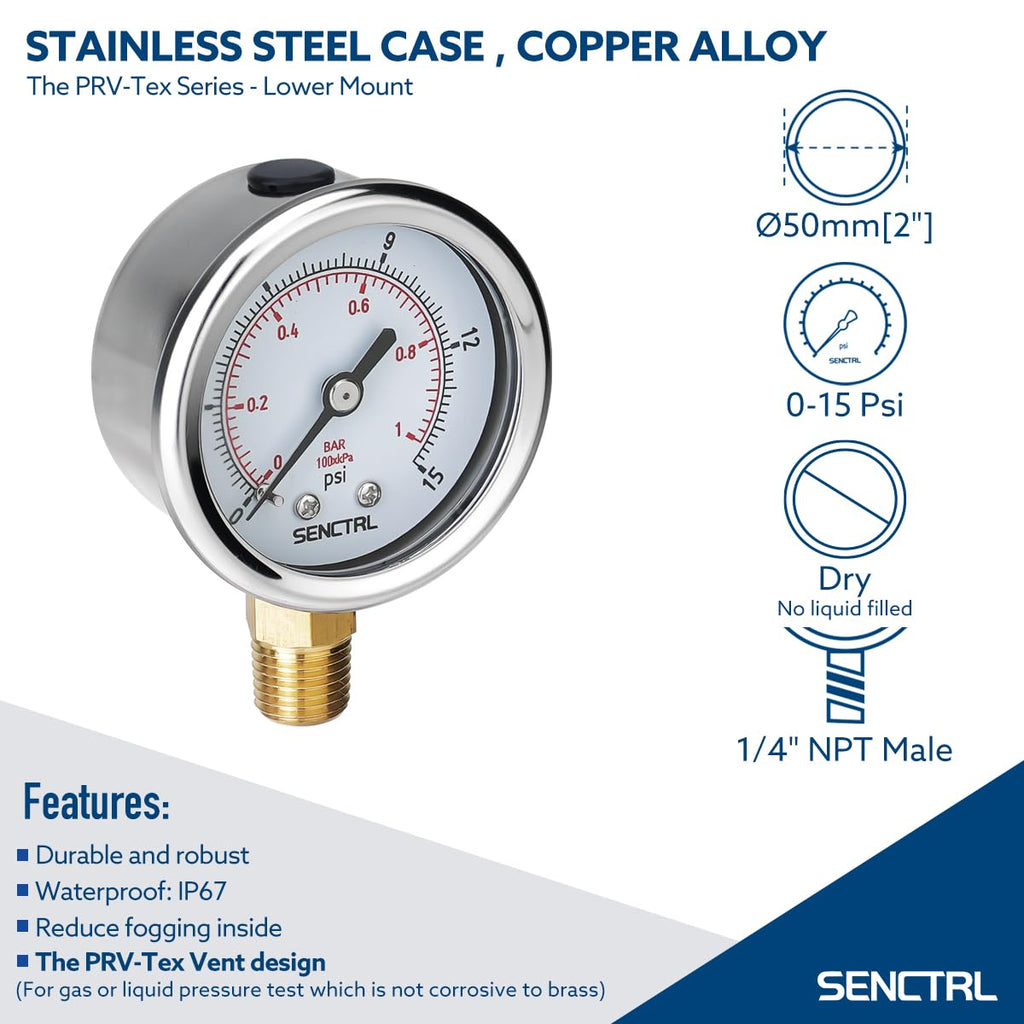 SENCTRL 0-15 Psi Low Pressure Gauge, 1/4 NPT Lower Mount