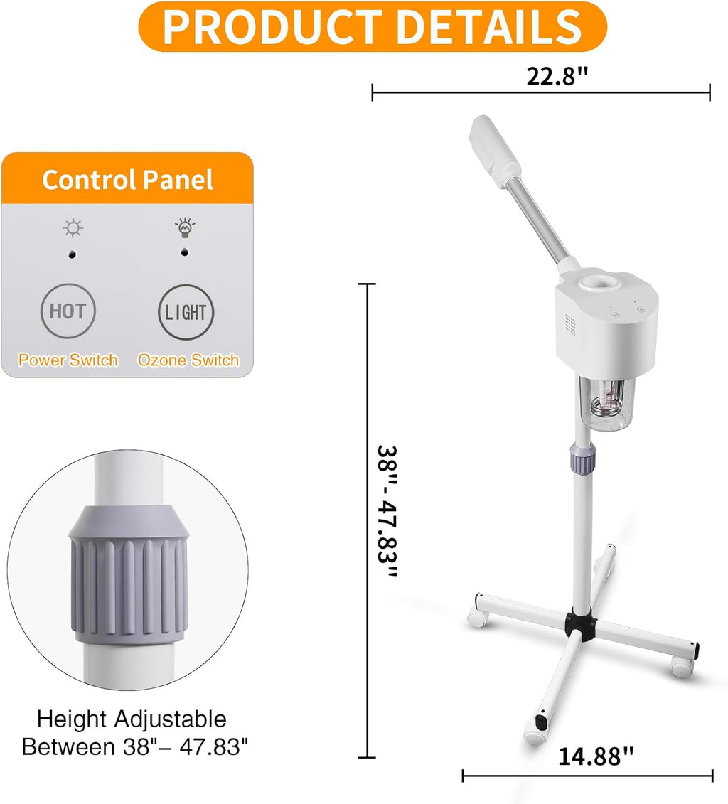 Professional Facial Steamer, Hot Mist Spray, Vaporizador Facial Steamer for Esthetician, Height Adjustable, SPA at