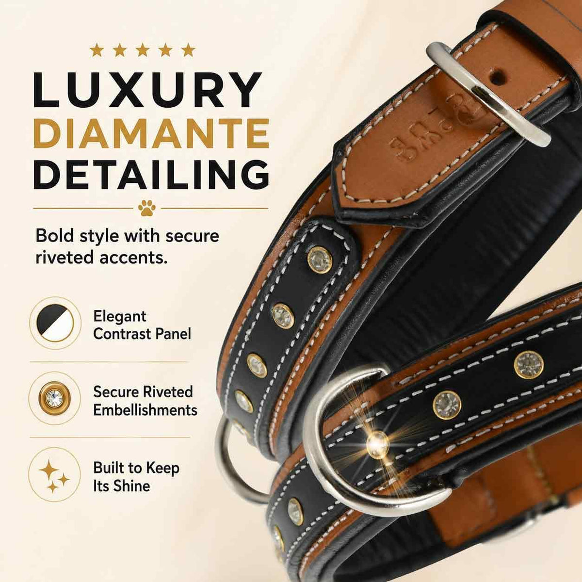 GemForge Duo Leather Dog Collar, Soft Padded, Medium, Brown