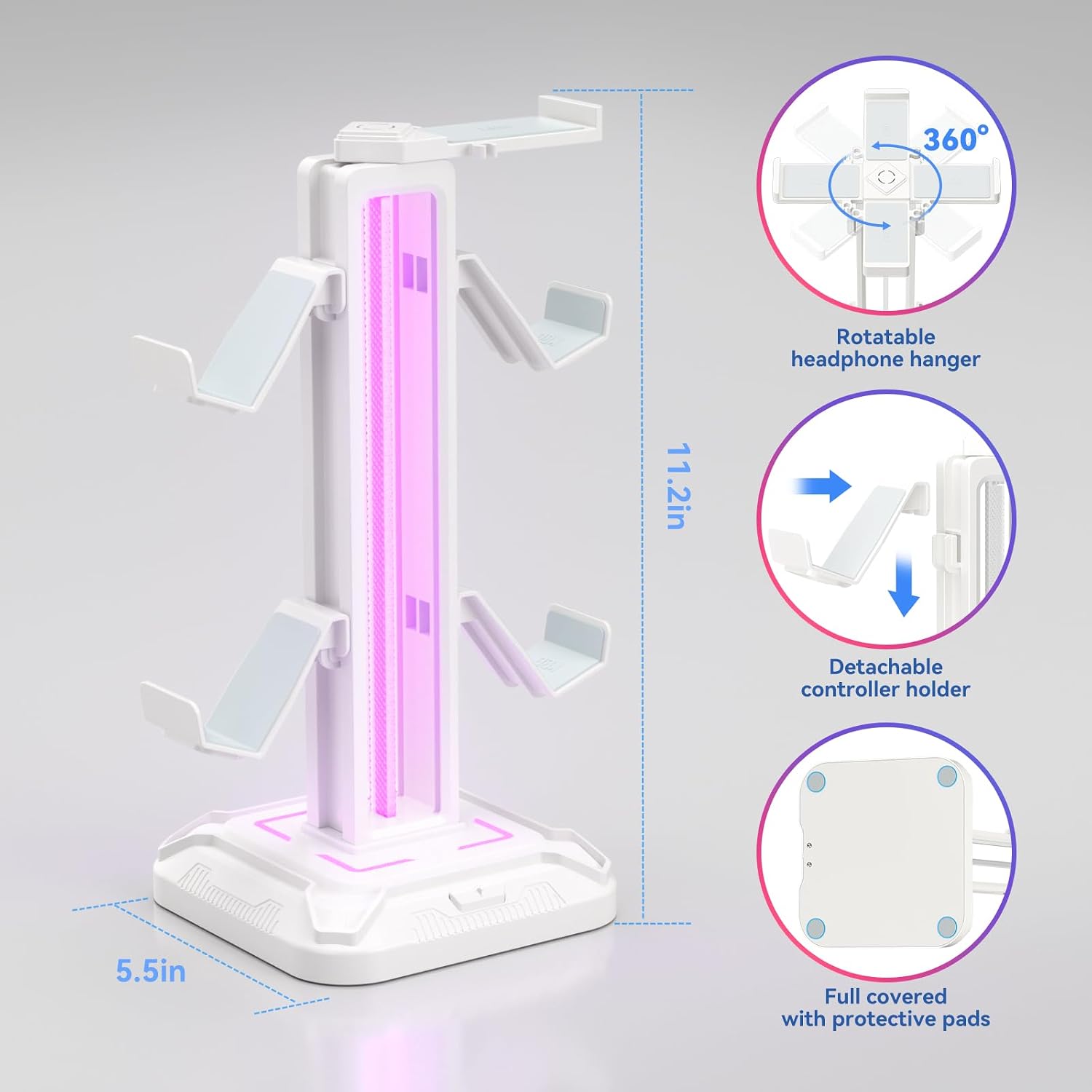 RGB Headset Stand with 9 Light Modes - Controller Holder for Desk - Rotatable Headphone Stand & Detachable Controller