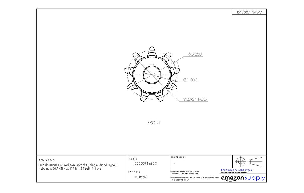 TSUBAKI - H80B9F-1 Tsubaki 80B9F-1 Finished Bore Sprocket, Single Strand, Inch, #80 ANSI No., 1" Pitch, 9 Teeth, 1" Bore