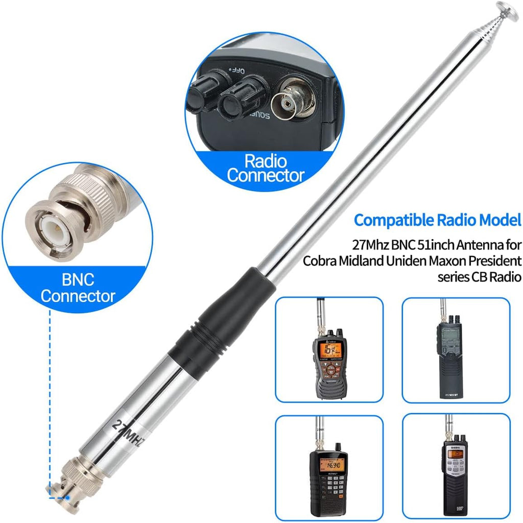 27Mhz CB Antenna 9-Inch to 51-inch Telescopic/Rod HT Antennas for Handheld CB Radio with BNC Connector Compatible