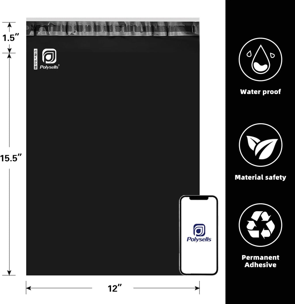 100 pcs 12x15.5 Inches Black Poly Mailers Shipping Envelopes, Strong Adhesive Sealing, Waterproof, and Tear-resistant