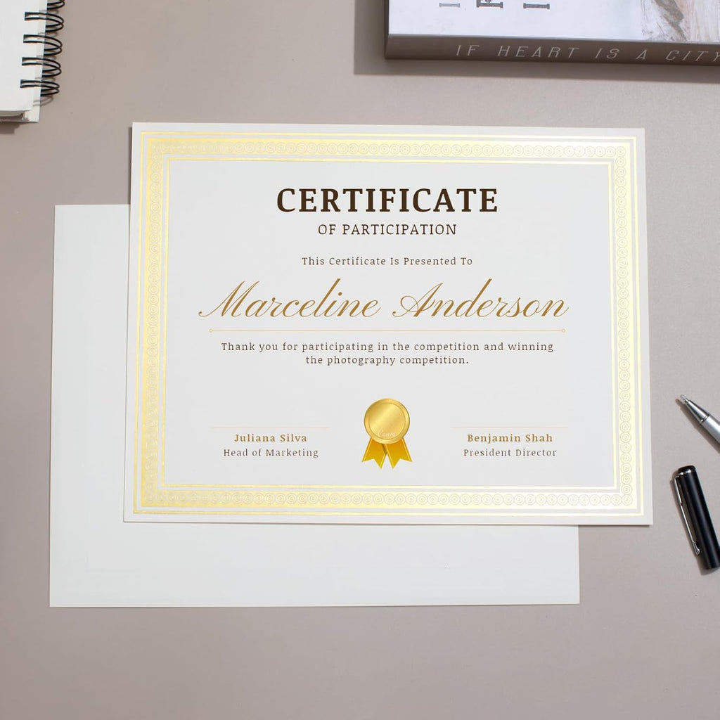 25 Count Certificate Paper 8.5 x 11 for Printing,Blank Gold Foil Border,Award Certificate Paper for