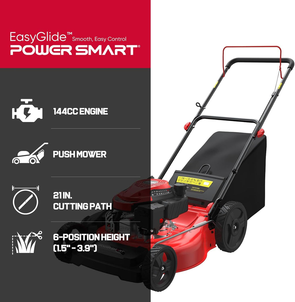 EasyGlide 21-Inch Gas Lawn Mower, 144cc 4-Stroke OHV Engine, Push Walk-Behind, 3-in-1 Mulch/Bag/Side Discharge, Steel