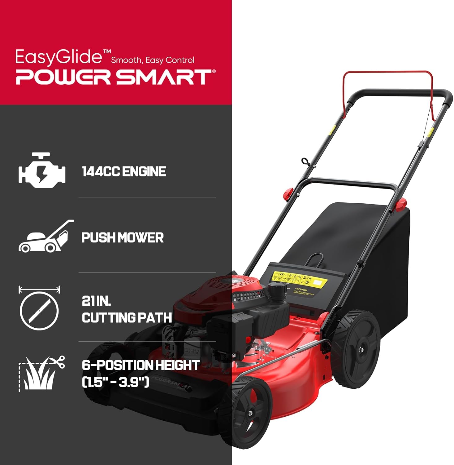 EasyGlide 21-Inch Gas Lawn Mower, 144cc 4-Stroke OHV Engine, Push Walk-Behind, 3-in-1 Mulch/Bag/Side Discharge, Steel