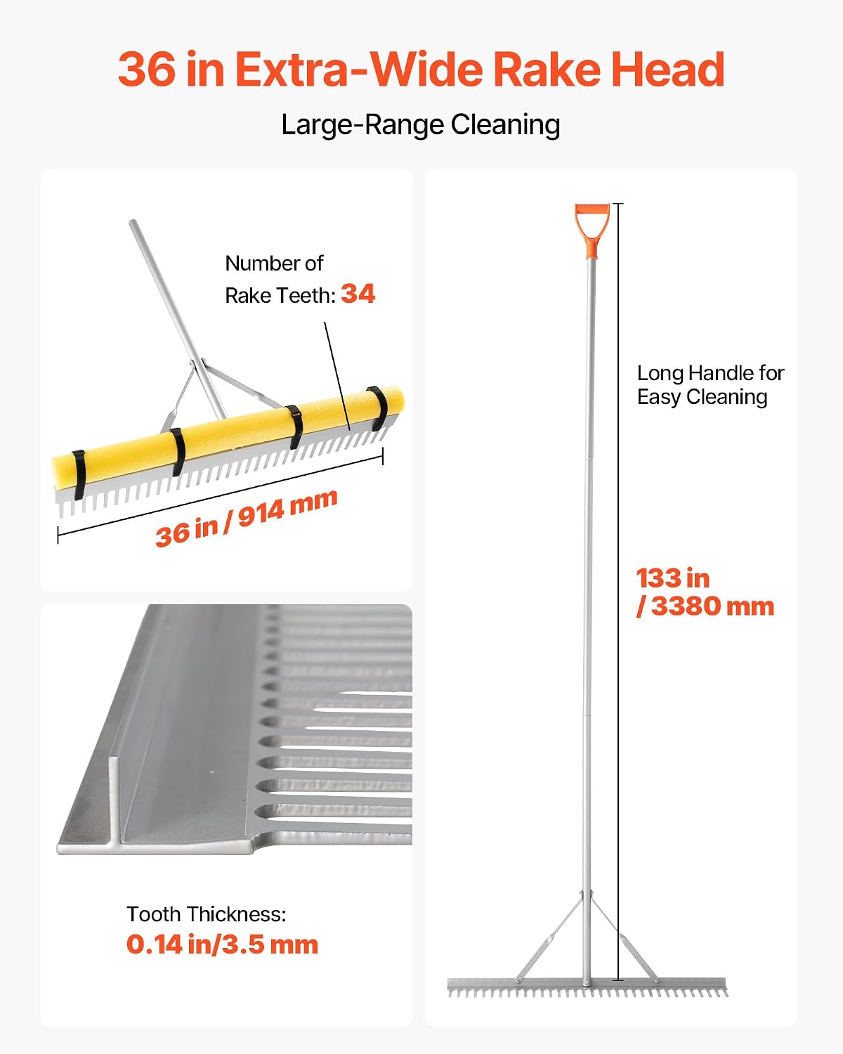 Landscape Rake, 36 inch Wide Head 133 inch Handle, Large Heavy Duty Aluminum Landscaping Leaf Rake Tool, Asphalt