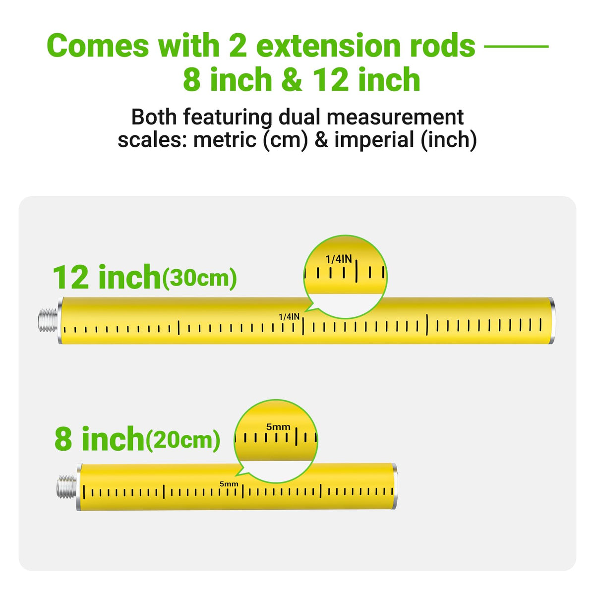 Huepar 12 Ft./3.7M Professional Laser Level Pole - 8Inch & 12Inch Poles