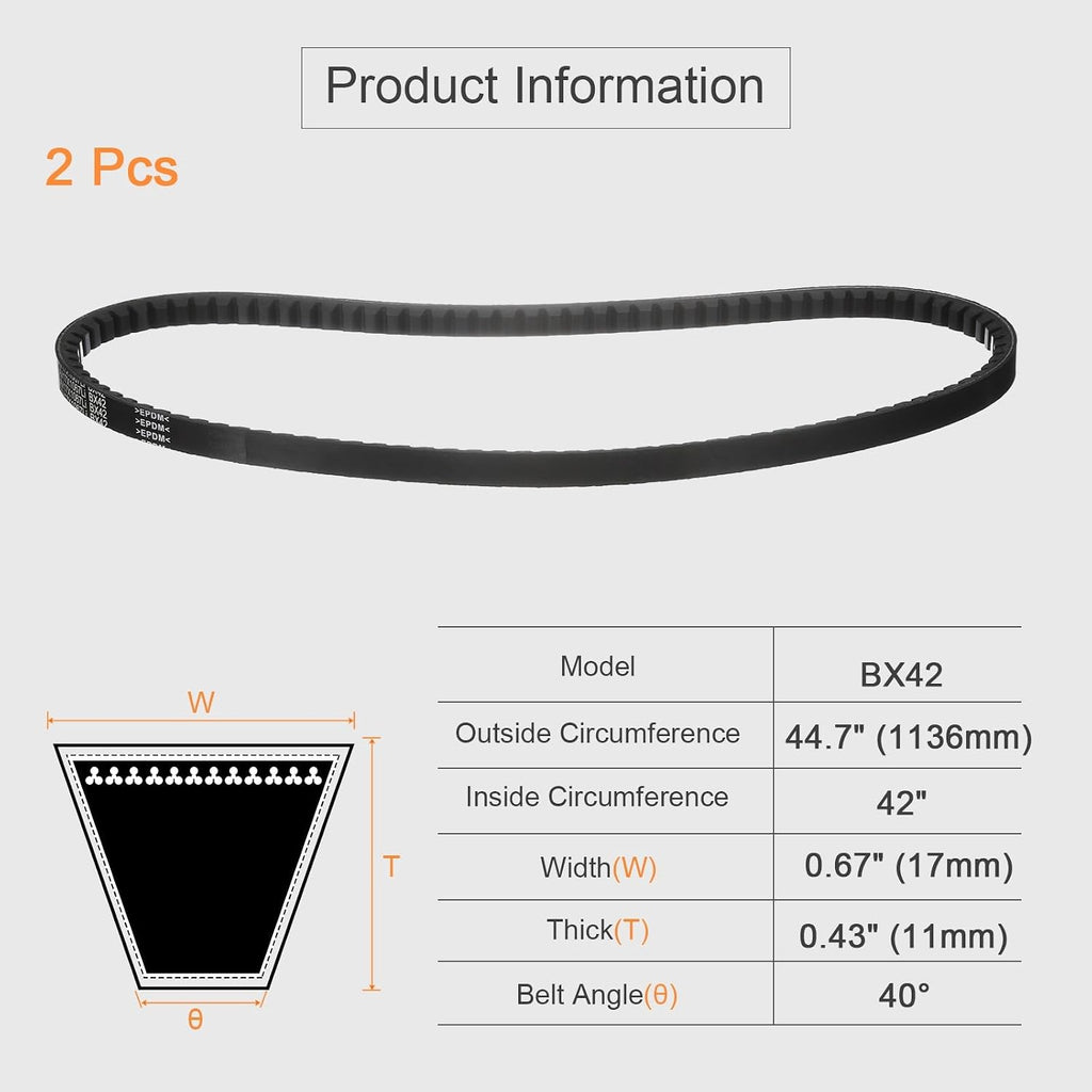 uxcell 2 Pcs BX42 EPDM V-Belt, Raw Edge Cogged Industrial Rubber V Belt 0.67" Width x 42" Inside Circumference
