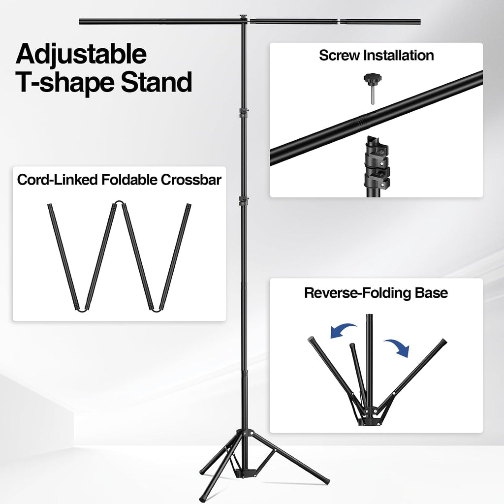 5x7 ft Green Screen Backdrop Kit with Foldable T-Shaped Stand | Portable & Compact Greenscreen Kit Includes 6 Clips