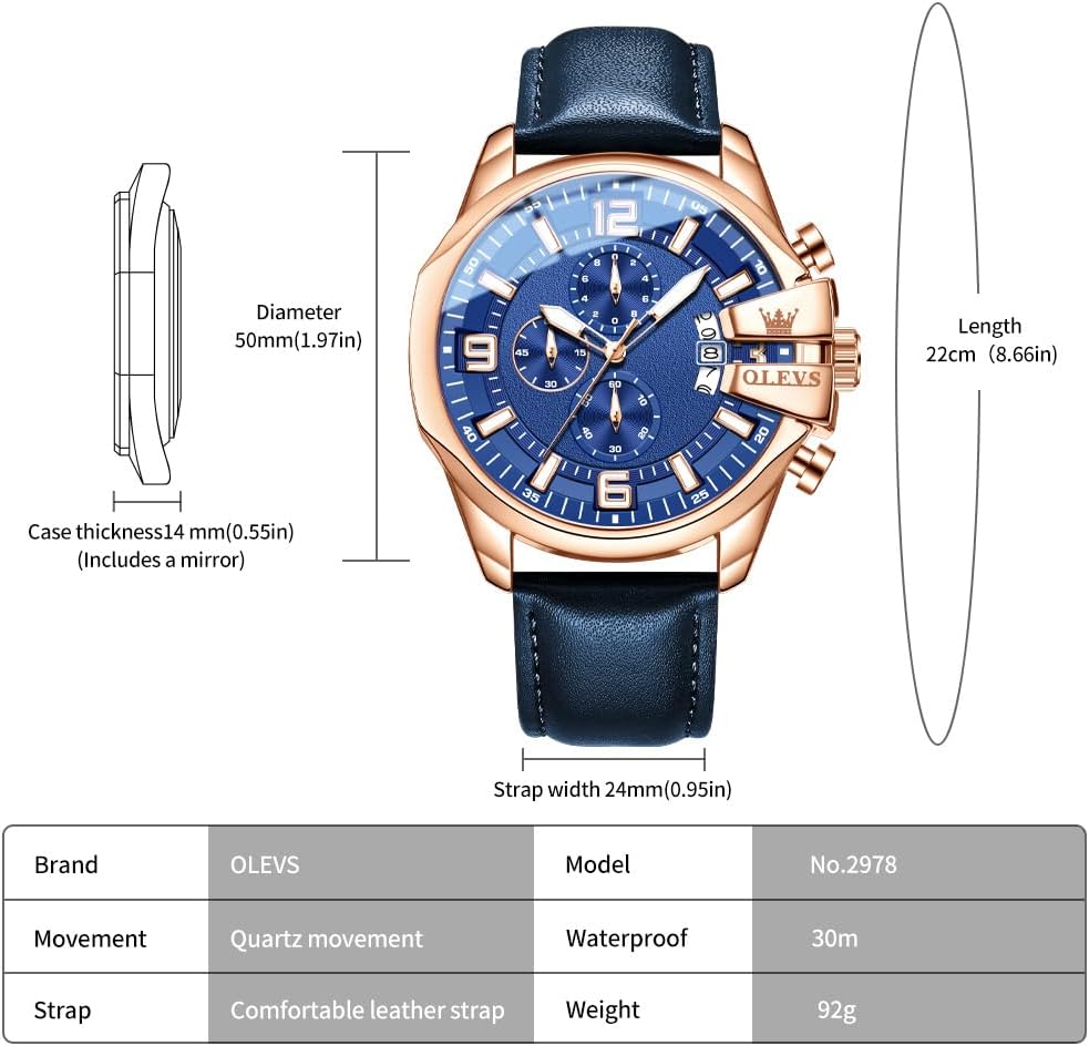 Mens Leather Watches Fashion Simple Casual Chronograph Watch for Men | Leather, Analog Quartz, Luminous, 30M