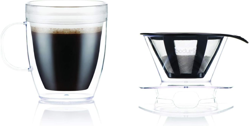 12oz Pour Over Coffee Dripper Set w/Double Wall Mug and Reusable Permanent Filter, Plastic, BPA-Free, Clear