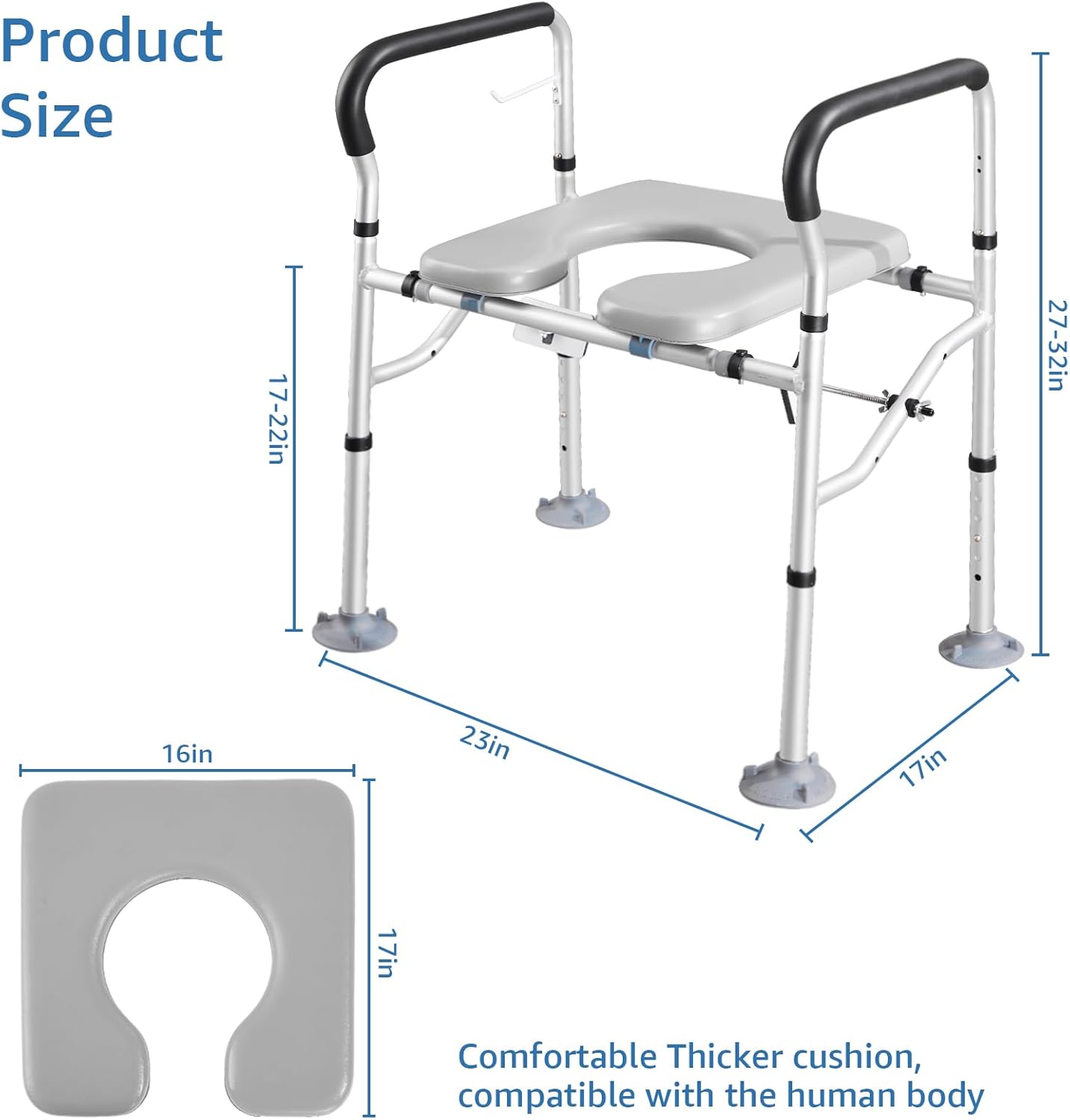 Raised Toilet Seat 400lbs, Toilet Seat Risers for Seniors, Handicap Elevated Toilet Seat with Handles & Padded Seat