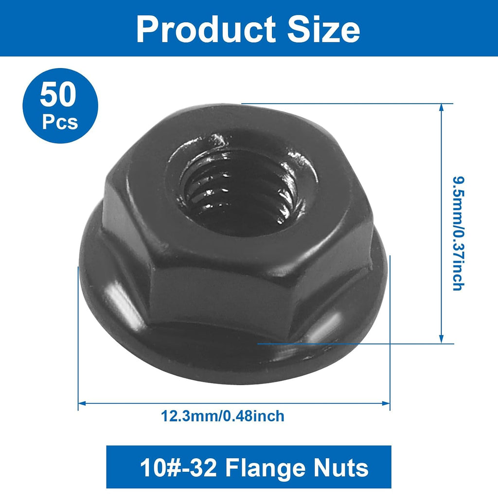10#-32 Serrated Flange Hex Lock Nuts, 50 PCS, Black Finish