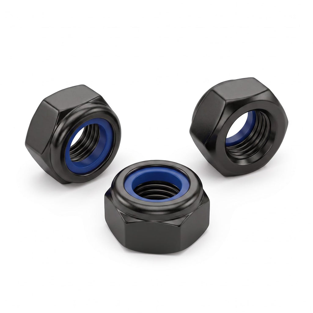 #6-32 (50 Pack) Nylon Insert Locknuts, Black Zinc Plated 18-8 (304) Stainless Steel Bright Finish Fully Thread