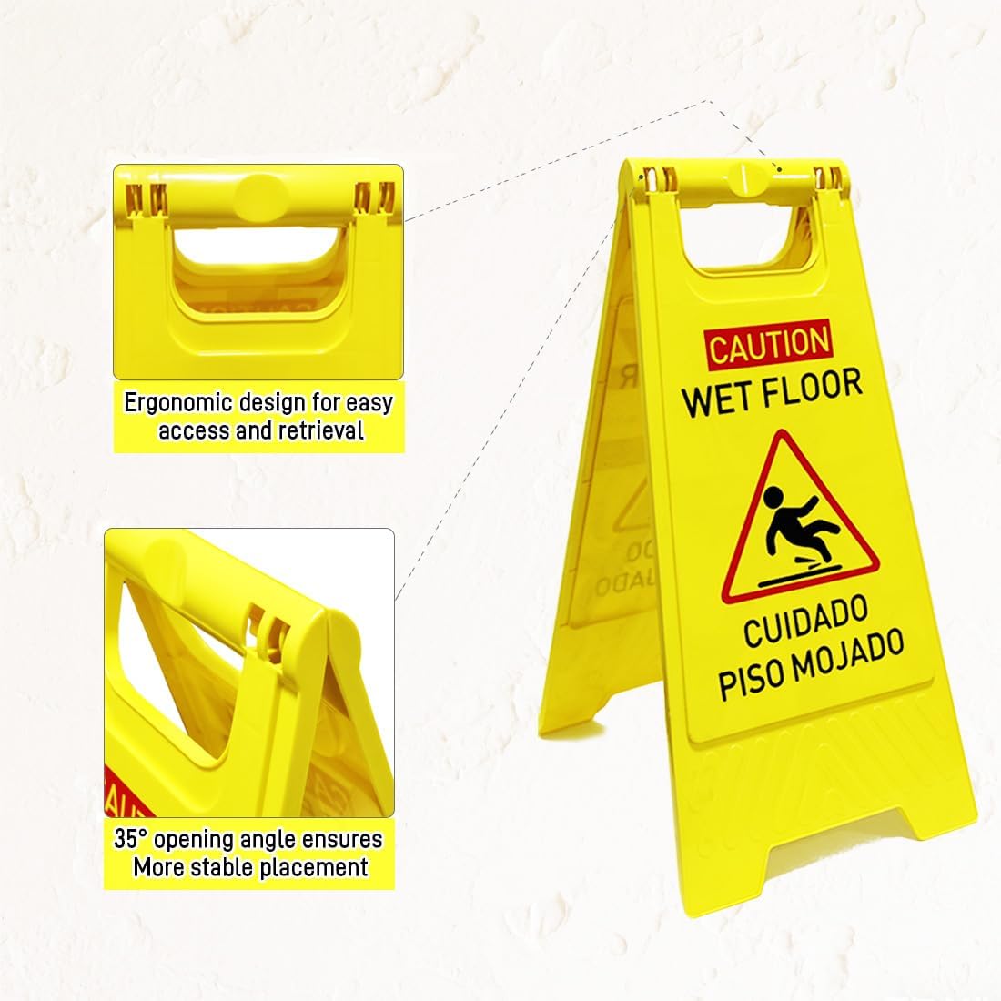3-Pack Caution wet floor sign, 24 in. (approx. 60 cm) Height,Bright Yellow Double-Sided Folding A-Shaped Frame
