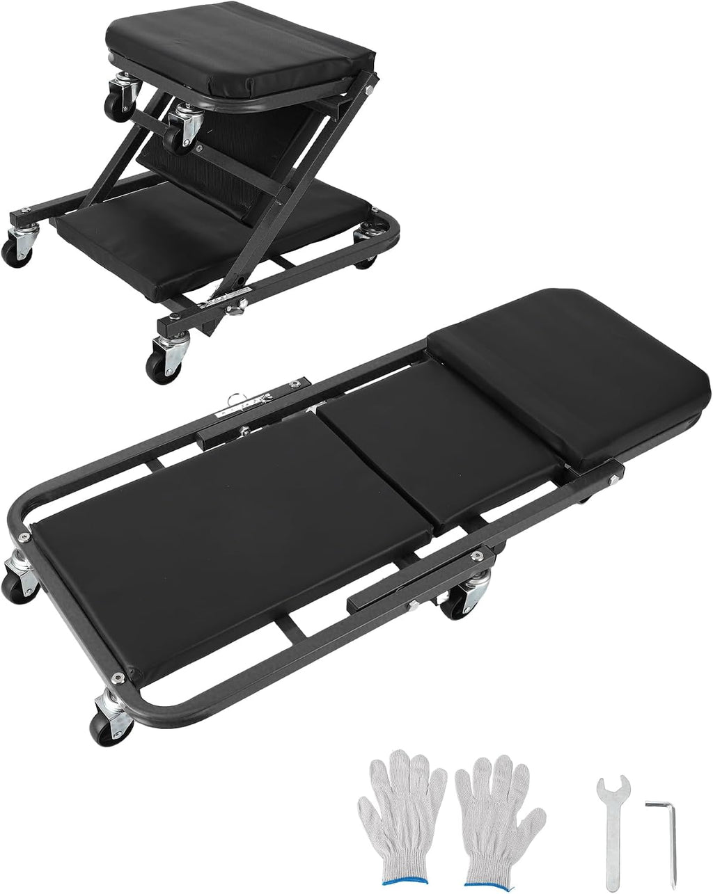 2-in-1 Z-Frame Mechanic Creeper Seat - Folding Adjustable Garage Roller, 36"/40", 6 Swivel Wheels, Heavy Duty Metal
