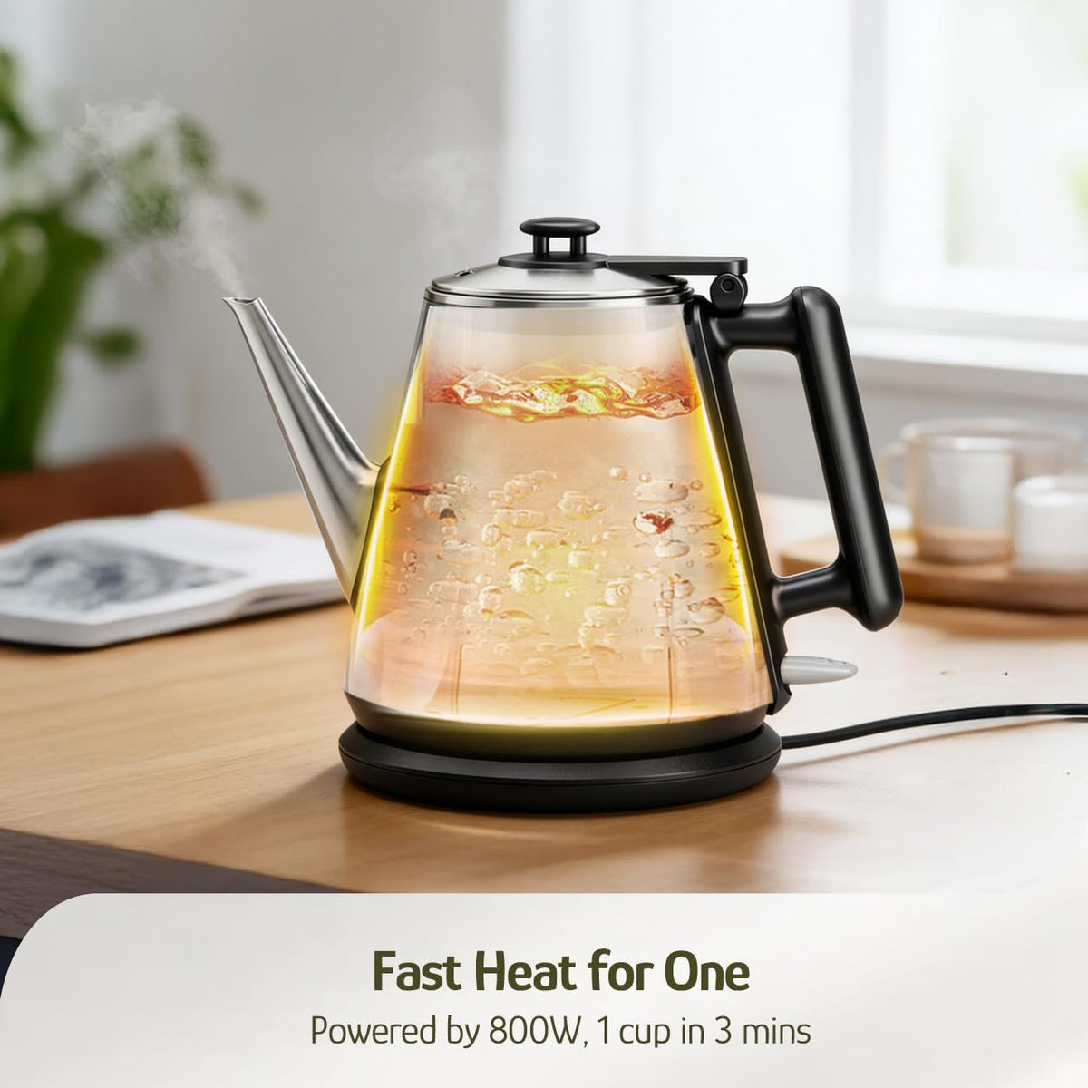Electric Kettle, 1L/34oz Small Tea Kettle - Jet Black | 800W Fast Boil, 304 Stainless Steel Interior, Double-Wall