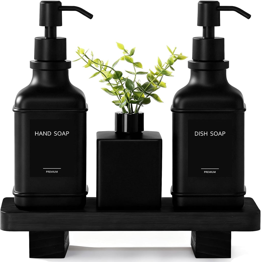 Modern Kitchen Soap Dispenser Set with Wood Tray, Black Glass Soap Dispenser with Pump, Decorative Hand and Dish Soap