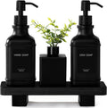 Modern Kitchen Soap Dispenser Set with Wood Tray, Black Glass Soap Dispenser with Pump, Decorative Hand and Dish Soap