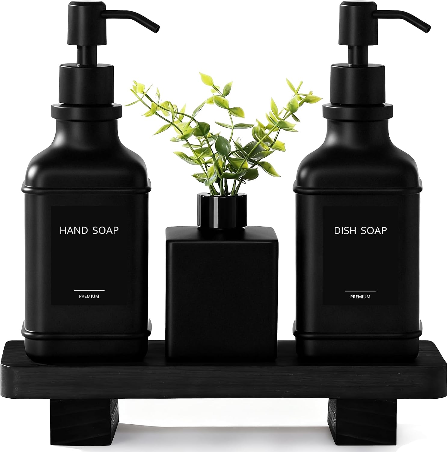 Modern Kitchen Soap Dispenser Set with Wood Tray, Black Glass Soap Dispenser with Pump, Decorative Hand and Dish Soap