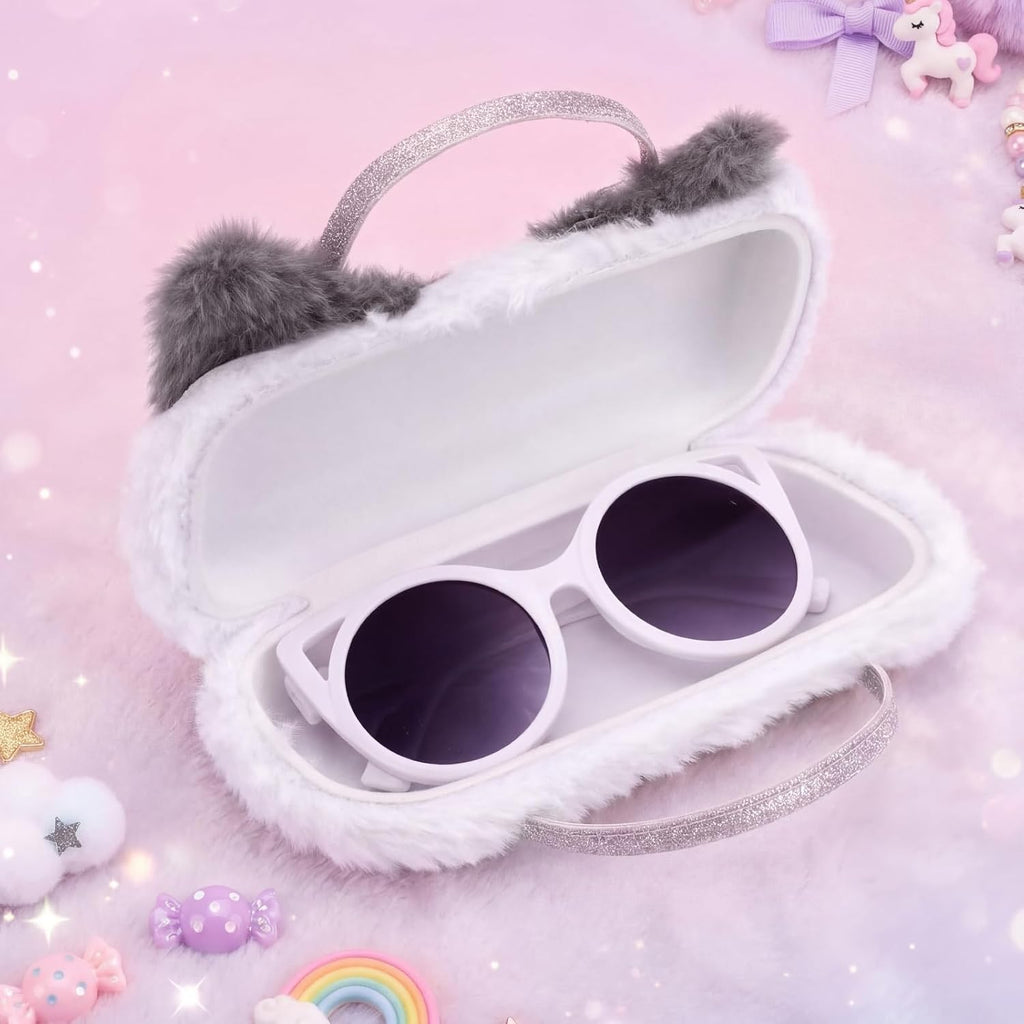 Kids Sunglasses with Girls Glasses Case, Plush Cat Eyeglass Case with Handle Girls Sunglasses UV Protection