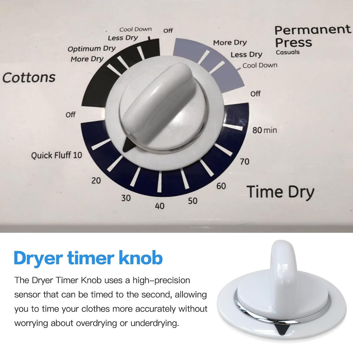 New WE1M654 Dryer Timer Knob with Metal Ring Compatible with Hotpoint HTDP120GD1WW HTDP120GD1WW HTDP120GD2WW HTDP120GD3WW HTDP120GD4WW, Replaces WE1M443, WE1M502, WE1M668
