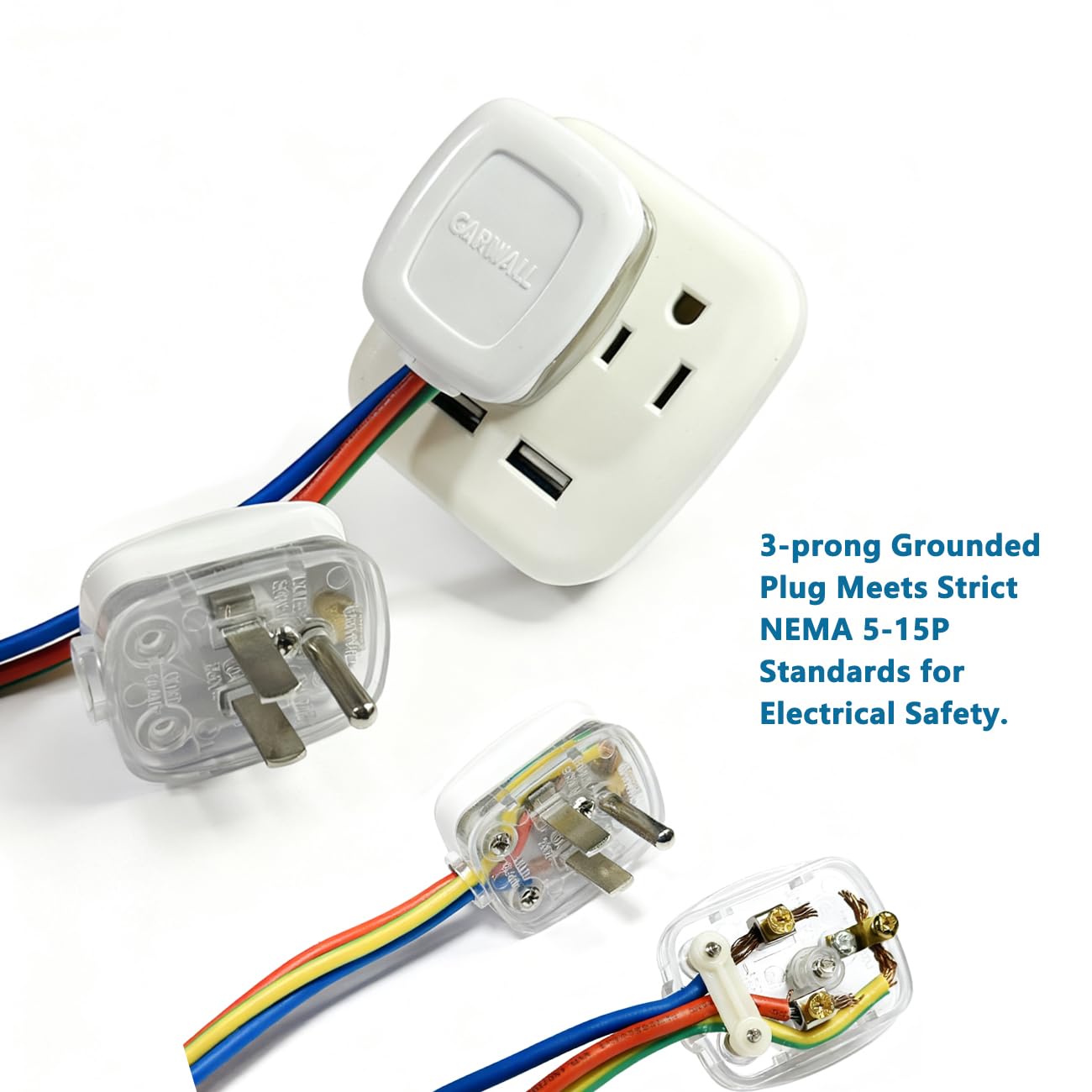 Right Angle Plug Flat Wall Plug, Replacement Plug 3 Prong 125V 10A, 90 Degree Outlet Adapter for Short Extension Cord