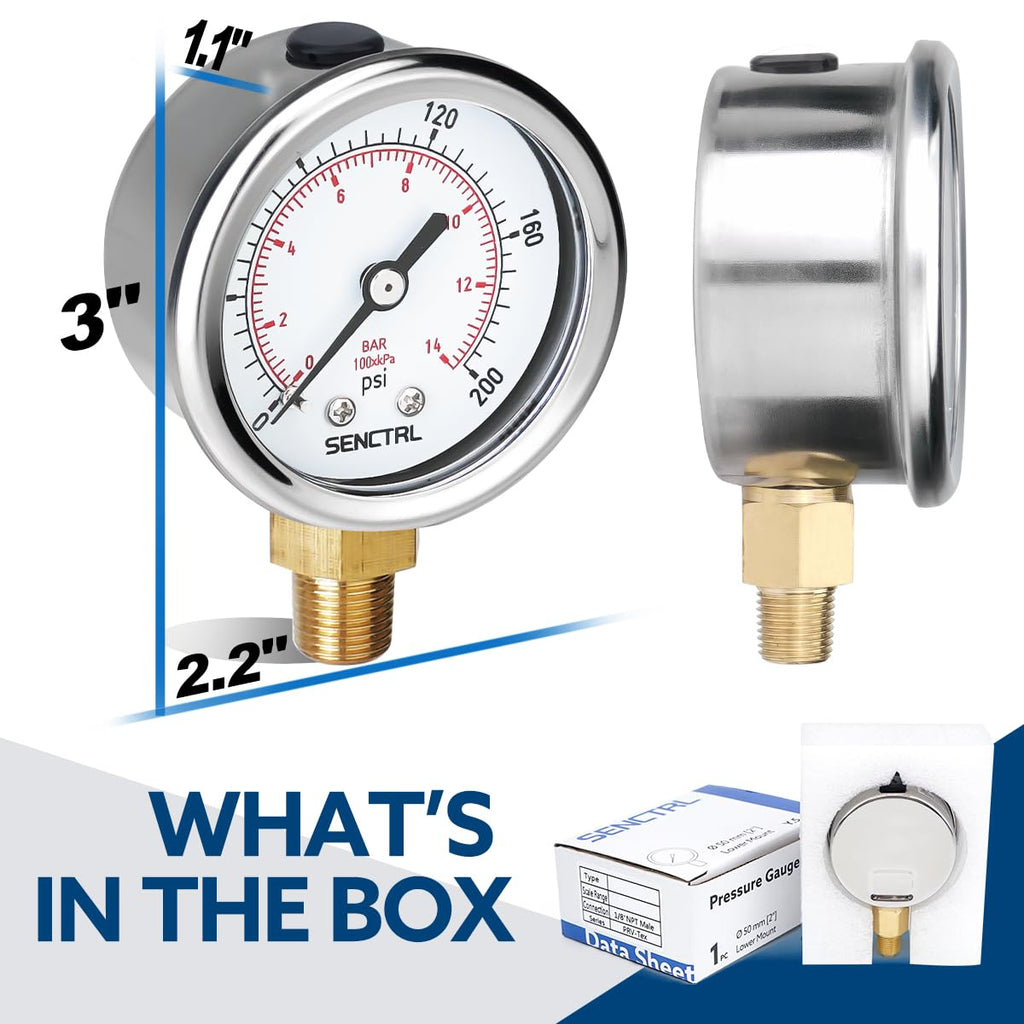 SENCTRL 0-200 Psi Pressure Gauge, 1/8" NPT Lower Mount