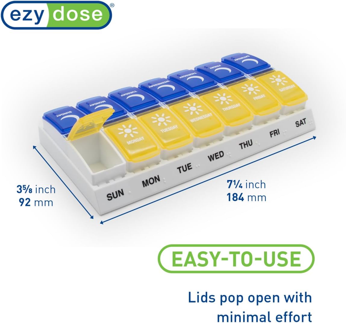 Weekly (7-Day) AM/PM Pill Organizer, Daily Vitamin Container and Medicine Box, Large Pop-Out Compartments, Designed