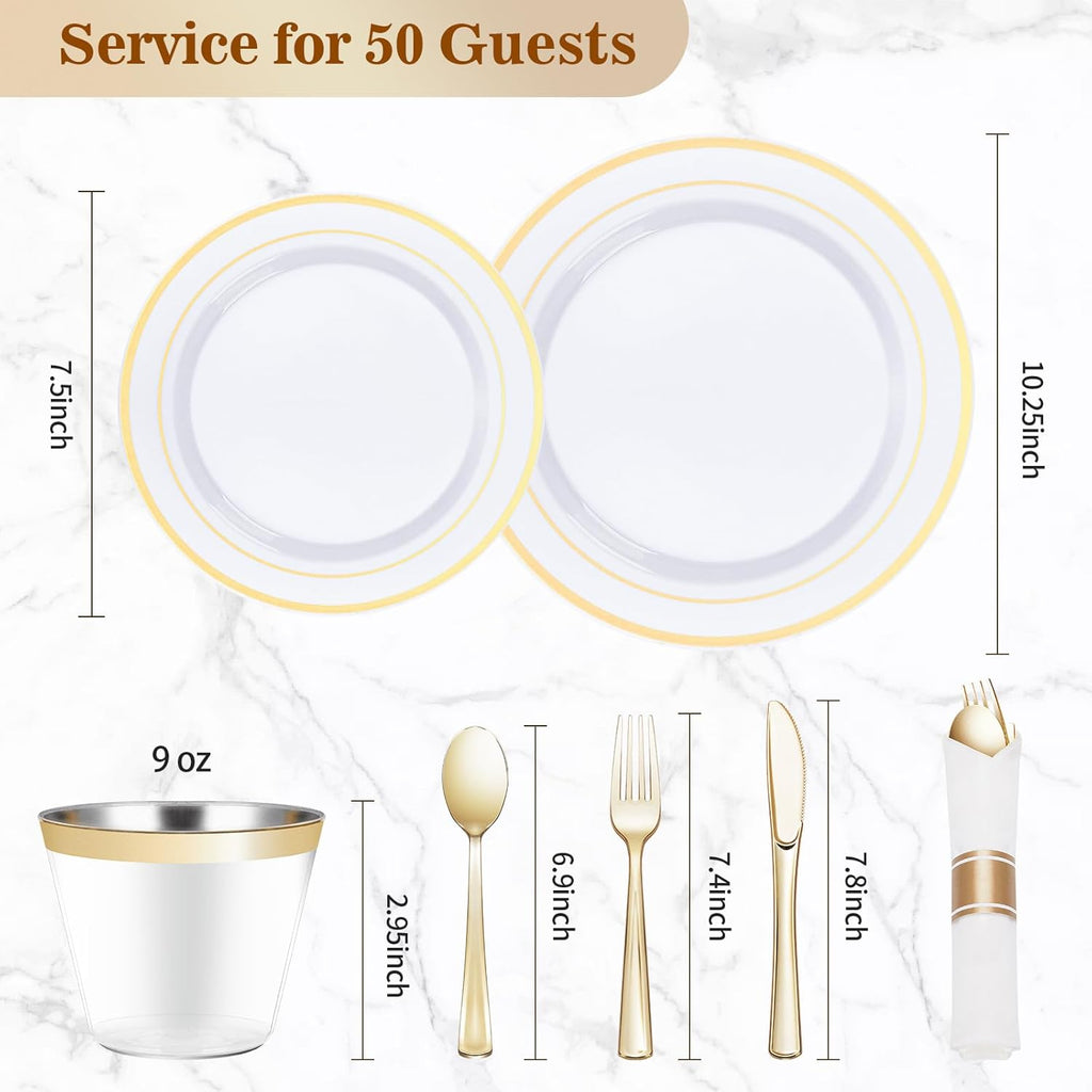 350 Piece Gold Plastic Dinnerware Set for 50 Guests