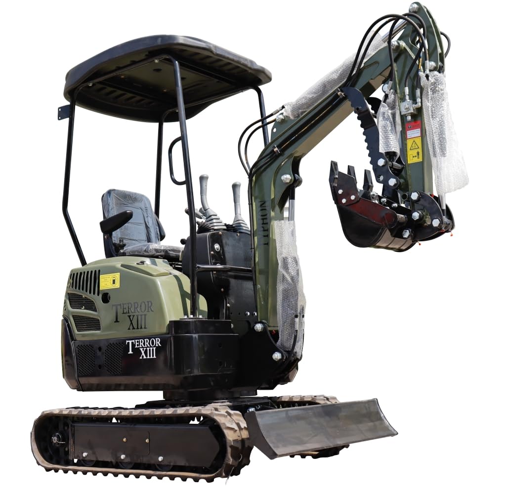 Terror XIII Mini Excavator, 13.5 HP Gas Engine, Compact Tracked Digger with Canopy, Military Green